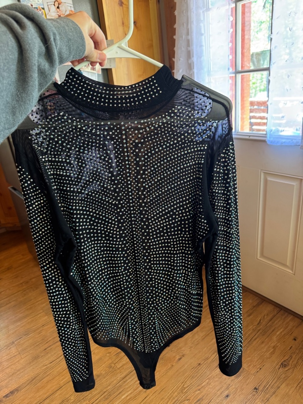 Black Sheer Long Sleeve Rhinestone Bodysuit